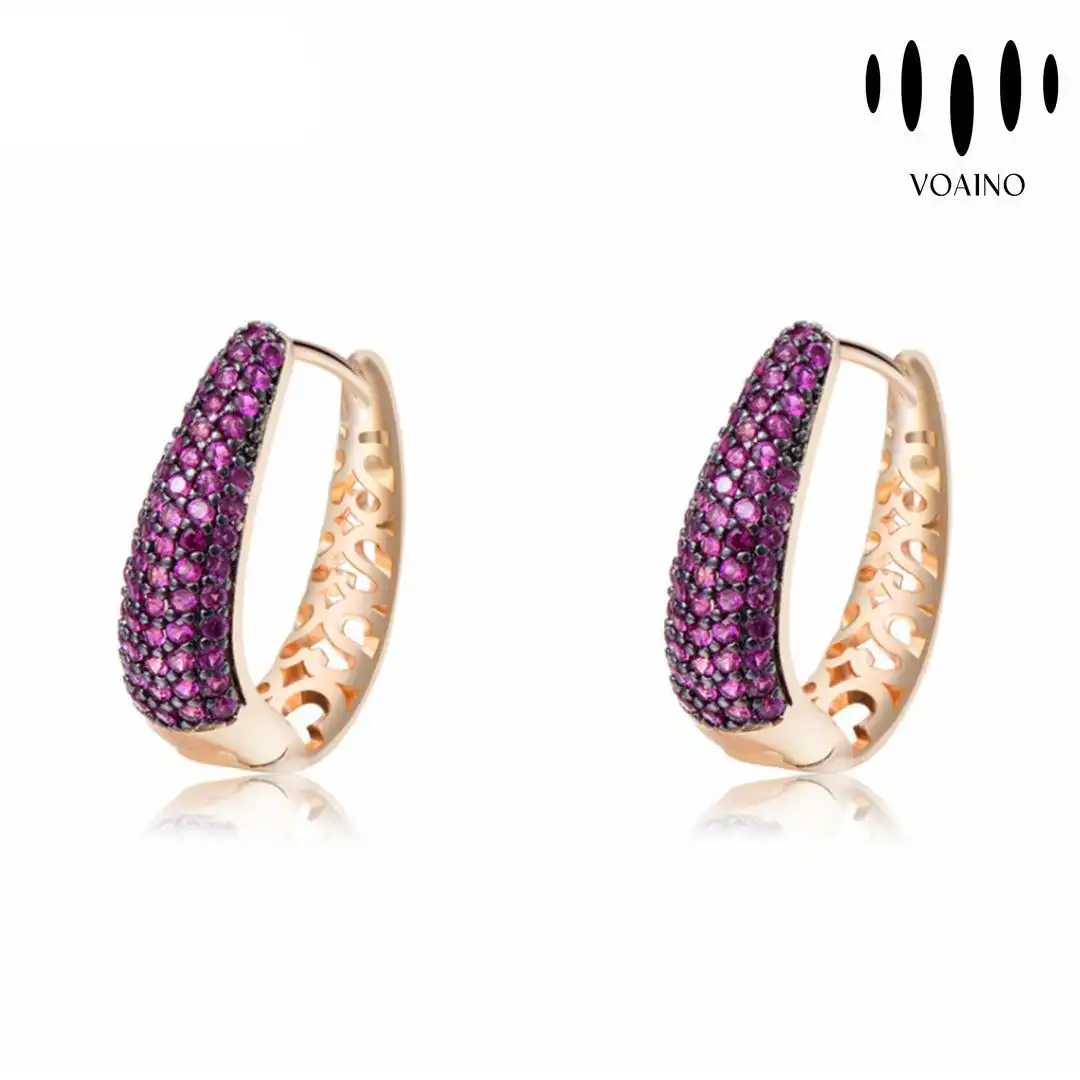 Ruby Micro Pave Zircon Hollow Huggie Earrings 18k/14k/9k/Pt950/S925 1
