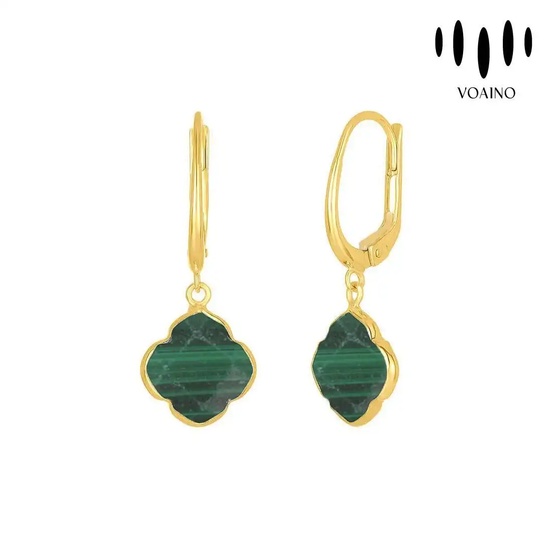 Malachite Clover Shape Hoop Earrings Gold Vermeil 18k/14k/9k/Pt950/S925 1