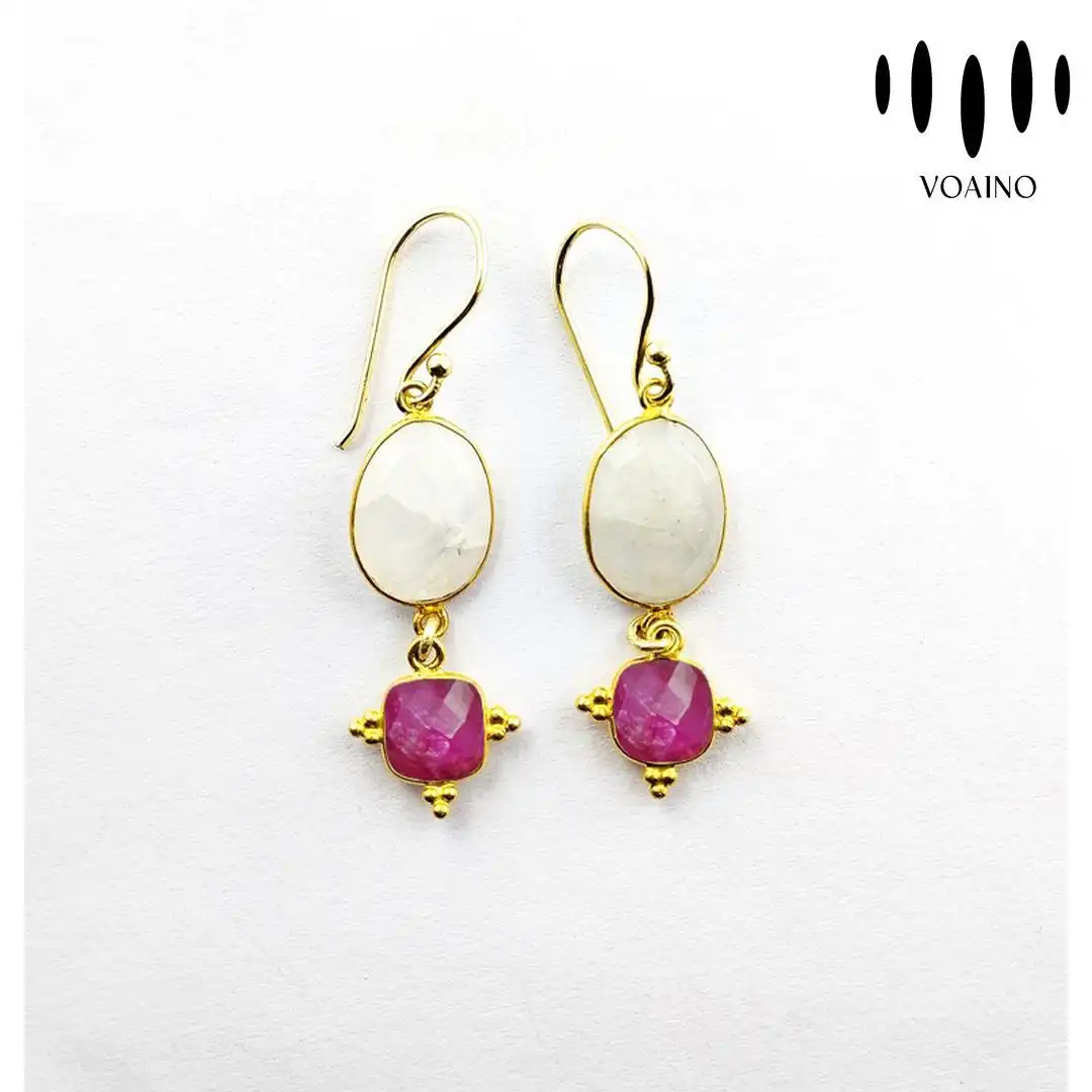 Moonstone Ruby Square Dangle Earrings 18k/14k/9k/Pt950/S925 1