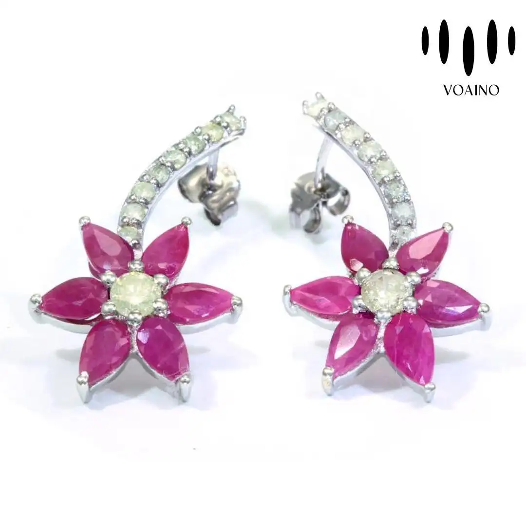 Ruby Diamond Flower Stud Earrings Vintage Design 18k/14k/9k/Pt950/S925 1