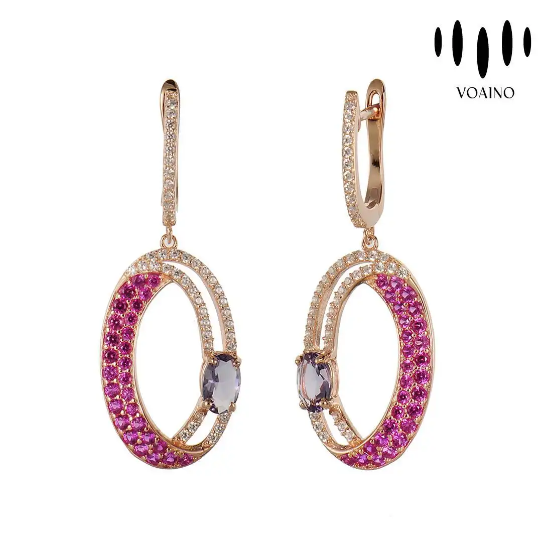 Ruby and Amethyst Pave Drop Earrings with Sterling Silver 18k/14k/9k/Pt950/S925 1