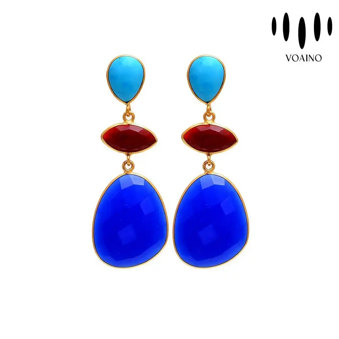 Ruby Turquoise Gold Plated Long Earrings with Teardrop and Oval Shapes 18k/14k/9k/Pt950/S925 1