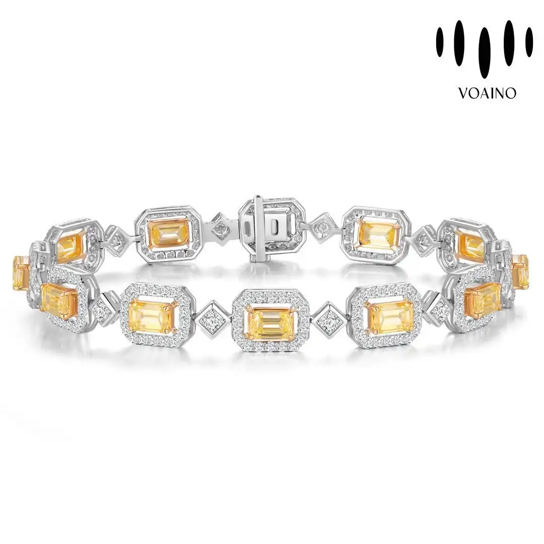 Emerald Cut Diamond Link Bracelet with Sapphire Charms 2.0-20.0ct 18k/14k/9k/Pt950/S925 1