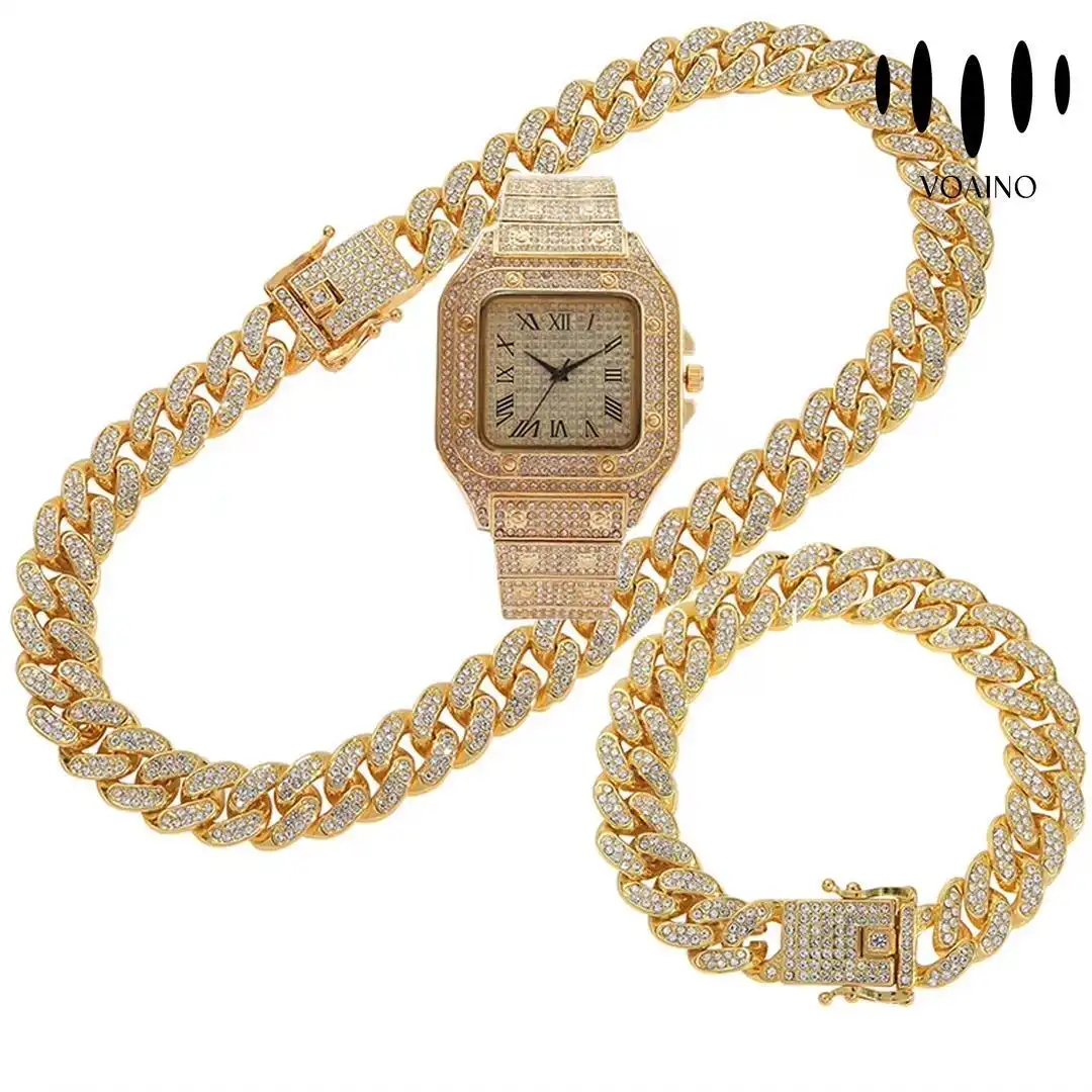 Iced Out Square Diamond Watch Cuban Chain Jewelry Set1 1