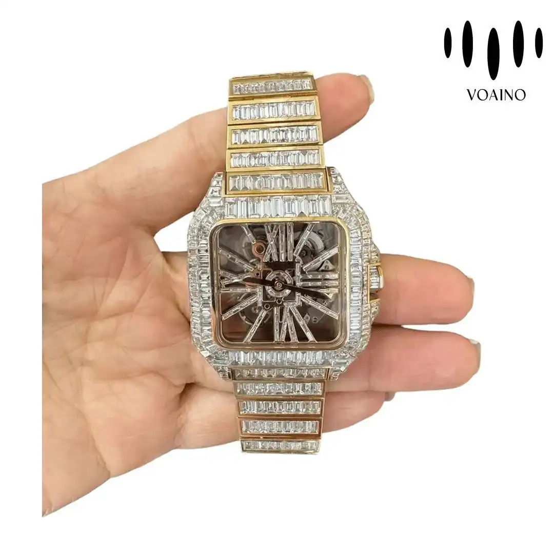 Iced Out Baguette Moissanite Diamond Watch with Luminous Hands 1