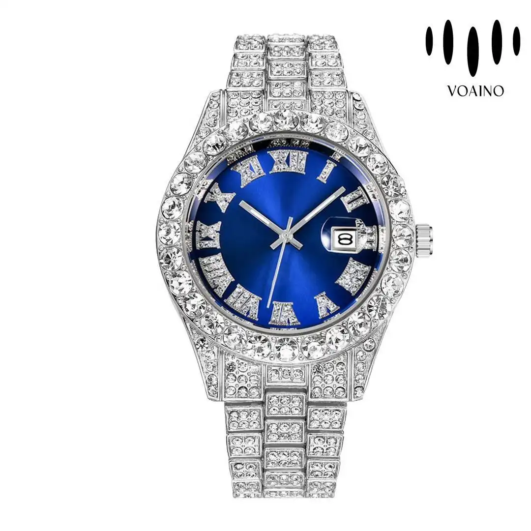 Iced Out Full Diamond Bling Hip Hop Quartz Men's Watch Silver Gold Blue Dial 1