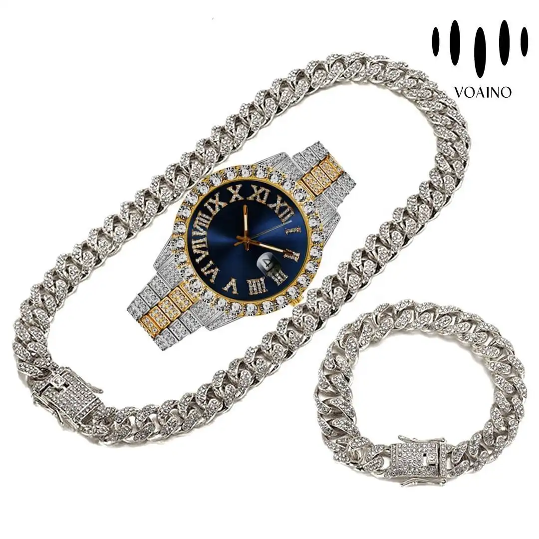 Round Cut Lab Diamond Cuban Chain Bracelet Necklace Watch Set 18k/14k/9k/S925/strainless steel 1