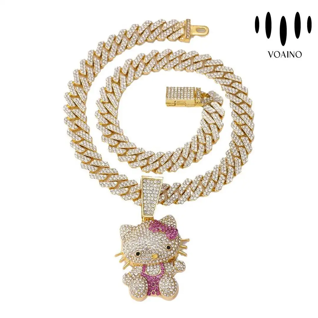 CZ Hello Kitty Pendant Cuban Chain Necklace 18k/14k/9k/S925/strainless steel 1