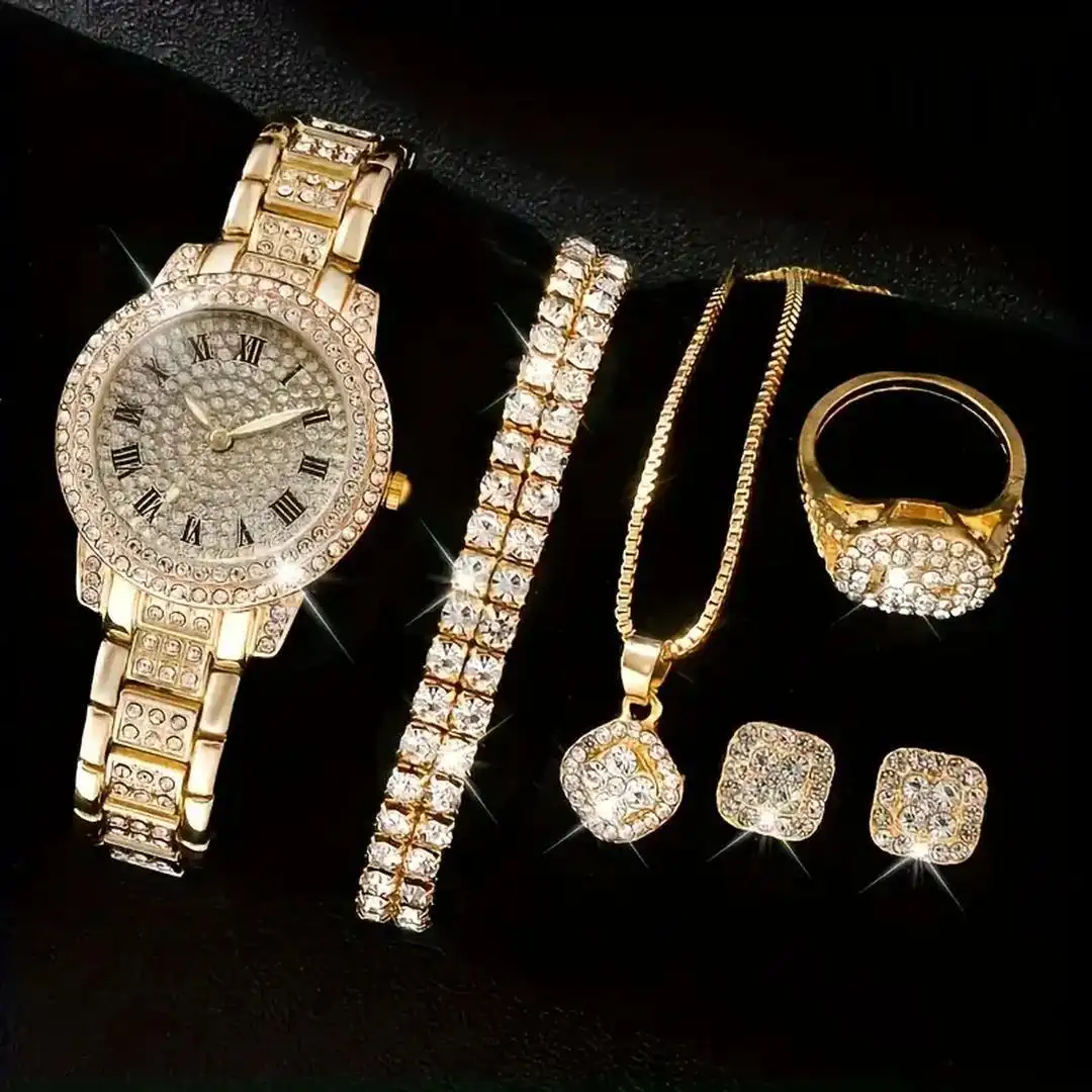 Iced Out Bling Rhinestone Hip Hop Jewelry Set with Watch, Bracelet, Rings, Earrings, and Necklace 1