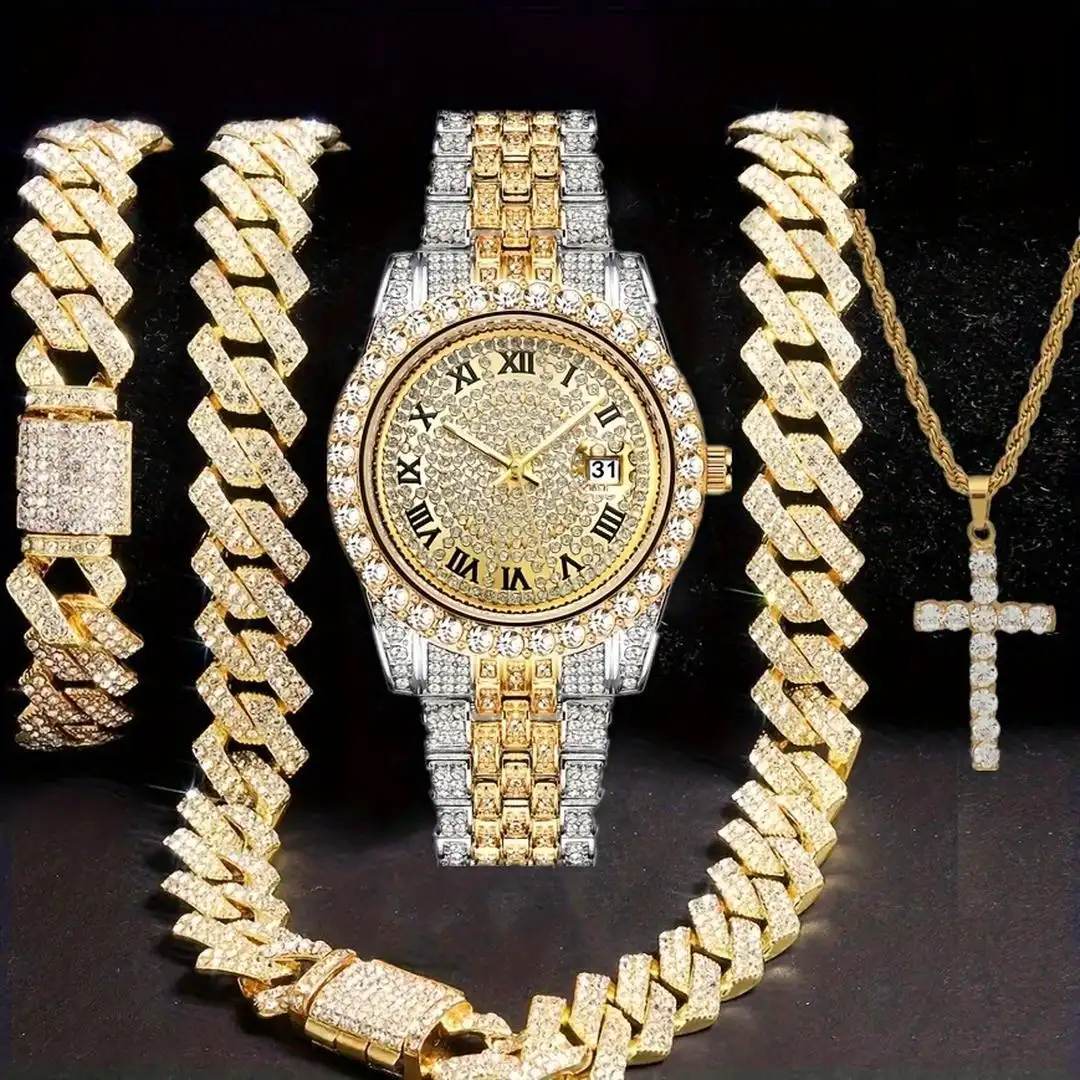 Ensemble montre, bracelet et collier à maillons cubains en diamants style hip-hop glacé 1