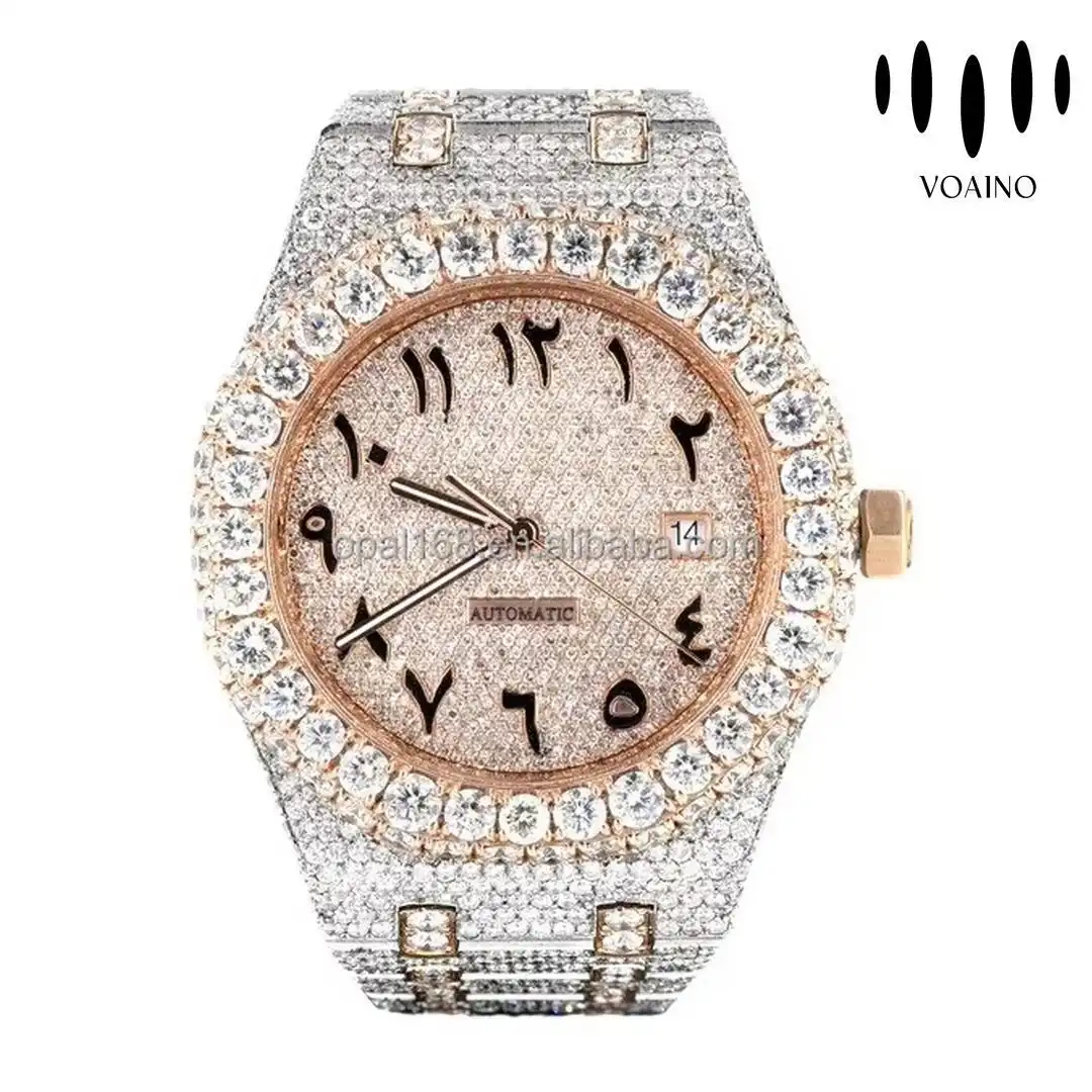 Montre automatique de luxe à diamants et moissanite ronde glacée 1