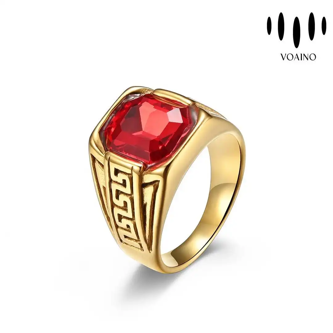 Anel quadrado de rubi vermelho com padrão grego 18k/14k/9k/Pt950/S926 1
