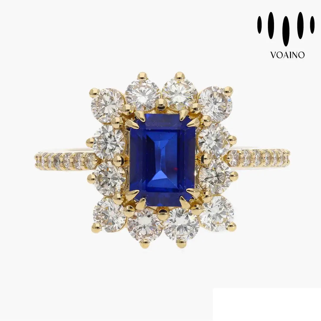 Elegant Emerald-Cut Sapphire Halo Ring with Round Diamonds 18k/14k/9k/Pt950/S926 1