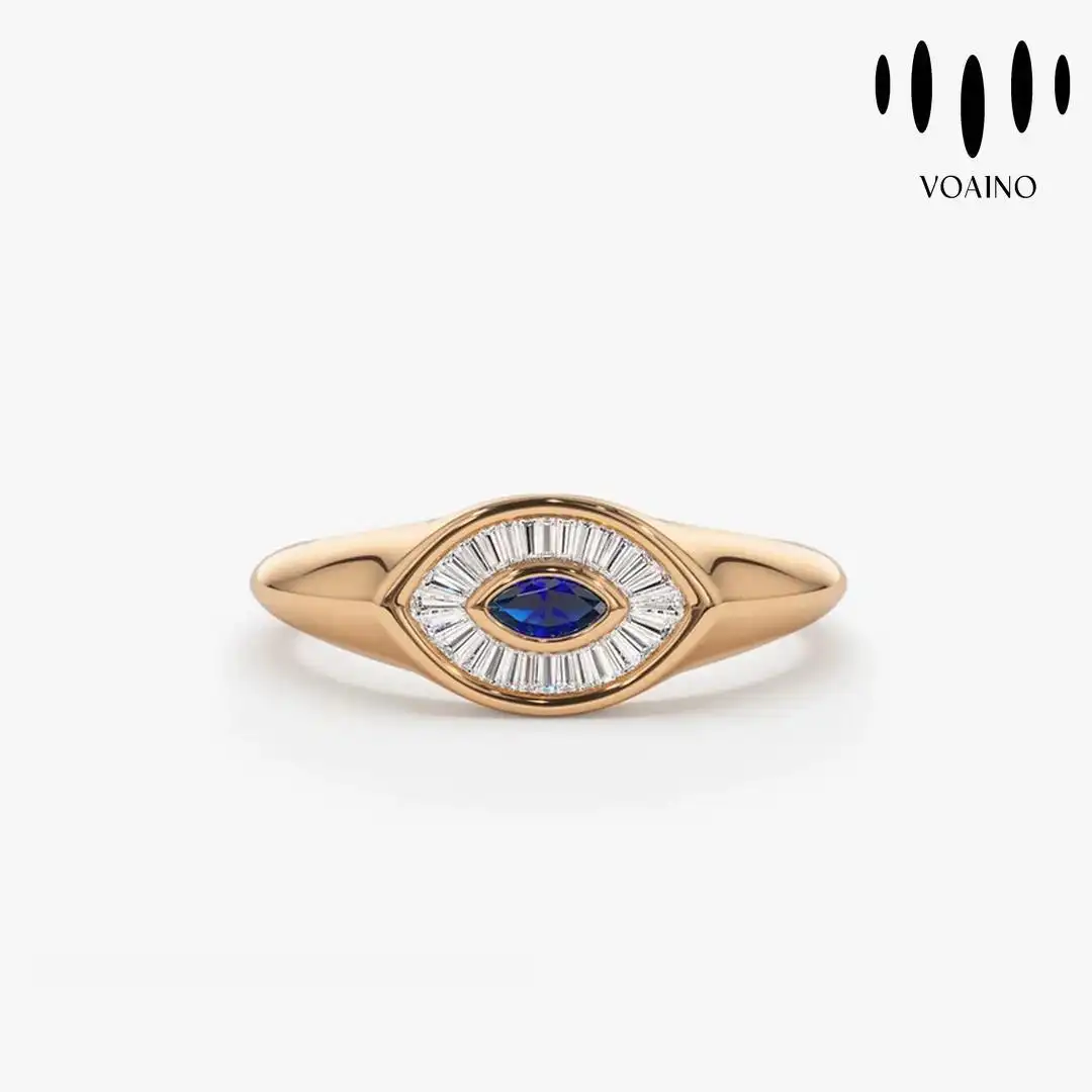 Sapphire Baguette Diamond Evil Eye Ring 18k/14k/9k/Pt950/S925 1