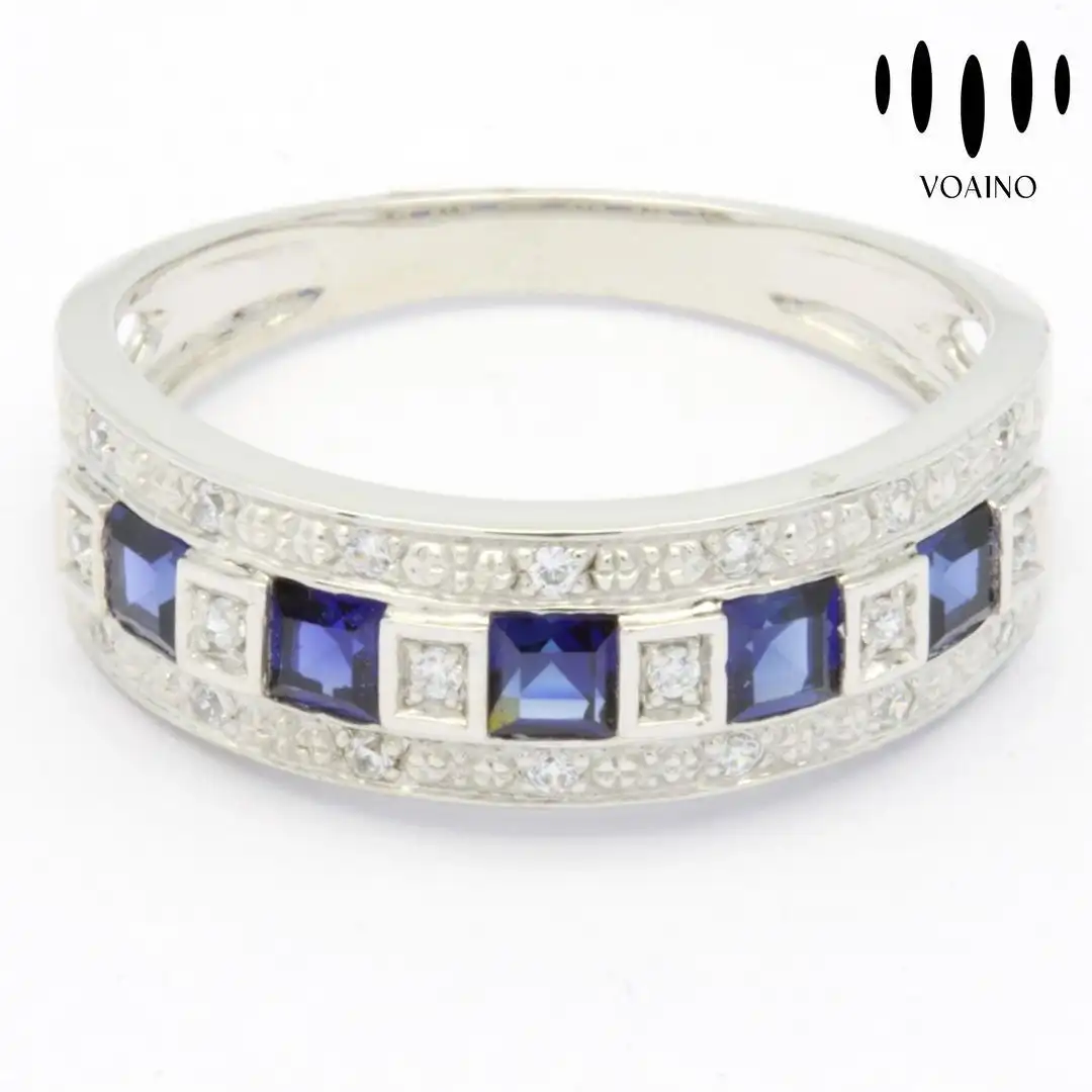 Blue Sapphire Diamond Square Band Ring 18k/14k/9k/Pt950/S925 1