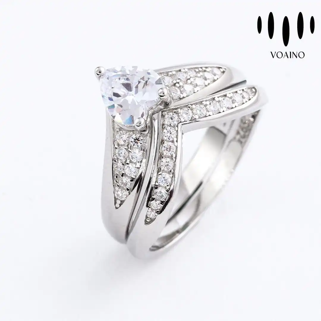 7.0mm Heart-Shaped Lab-Created White Sapphire Bridal Ring in Sterling Silver and White Gold Plated 18k/14k/9k/Pt950/S926 1