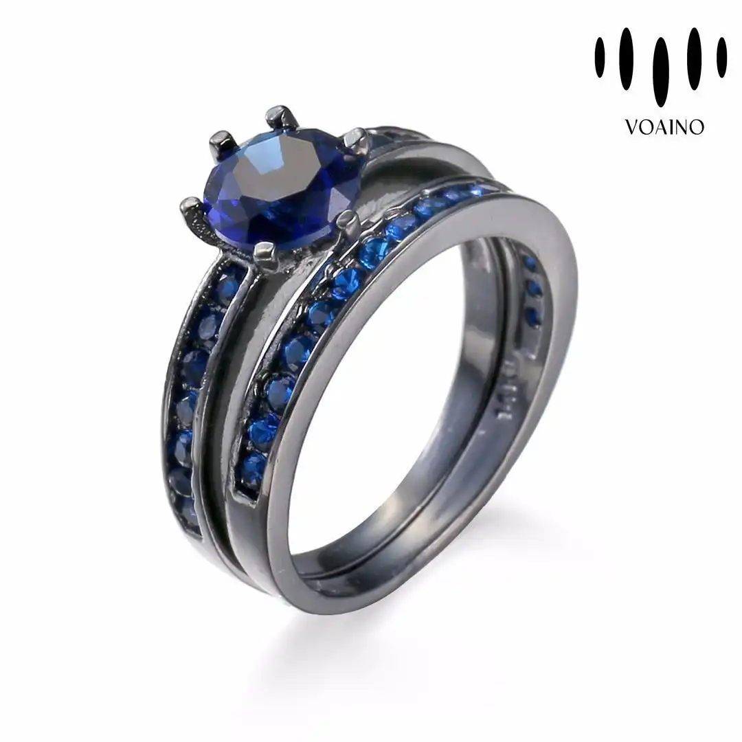 Vintage Women Blue Sapphire Crystal Wedding Ring Set with Black Gold Plating 18k/14k/9k/Pt950/S925 1