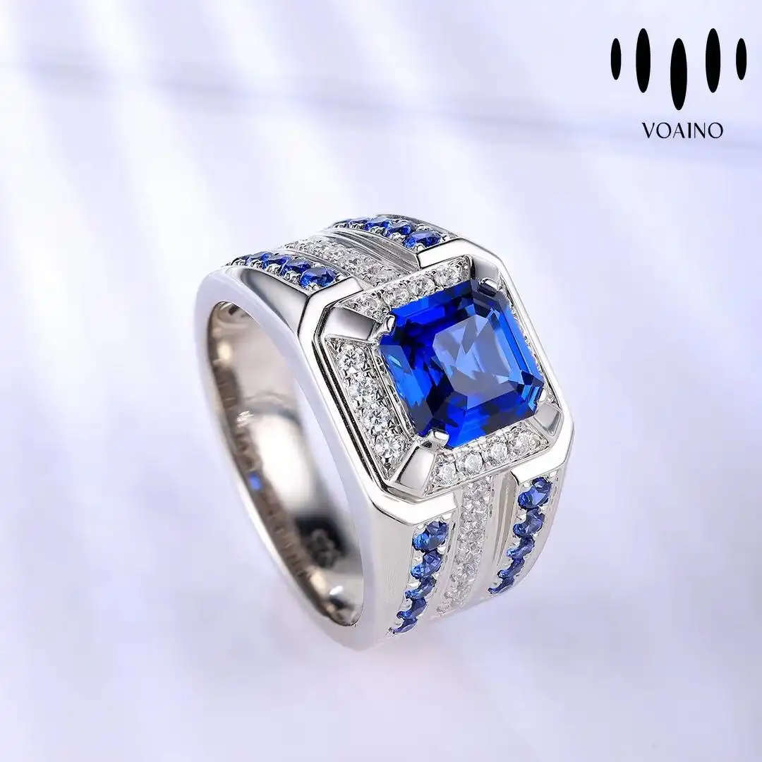 Lab Grown Sapphire Asscher Cut Men's Ring with Diamond Accents 18k/14k/9k/Pt950/S925 1