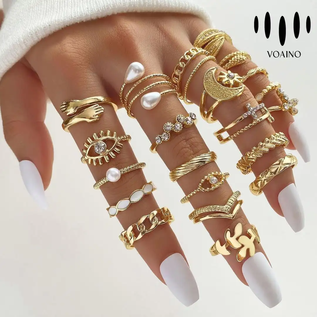 Gold-Plated Alloy Sun Moon Eye Rings with Diamonds and Pearls 18k/14k/9k/Pt950/S925 1