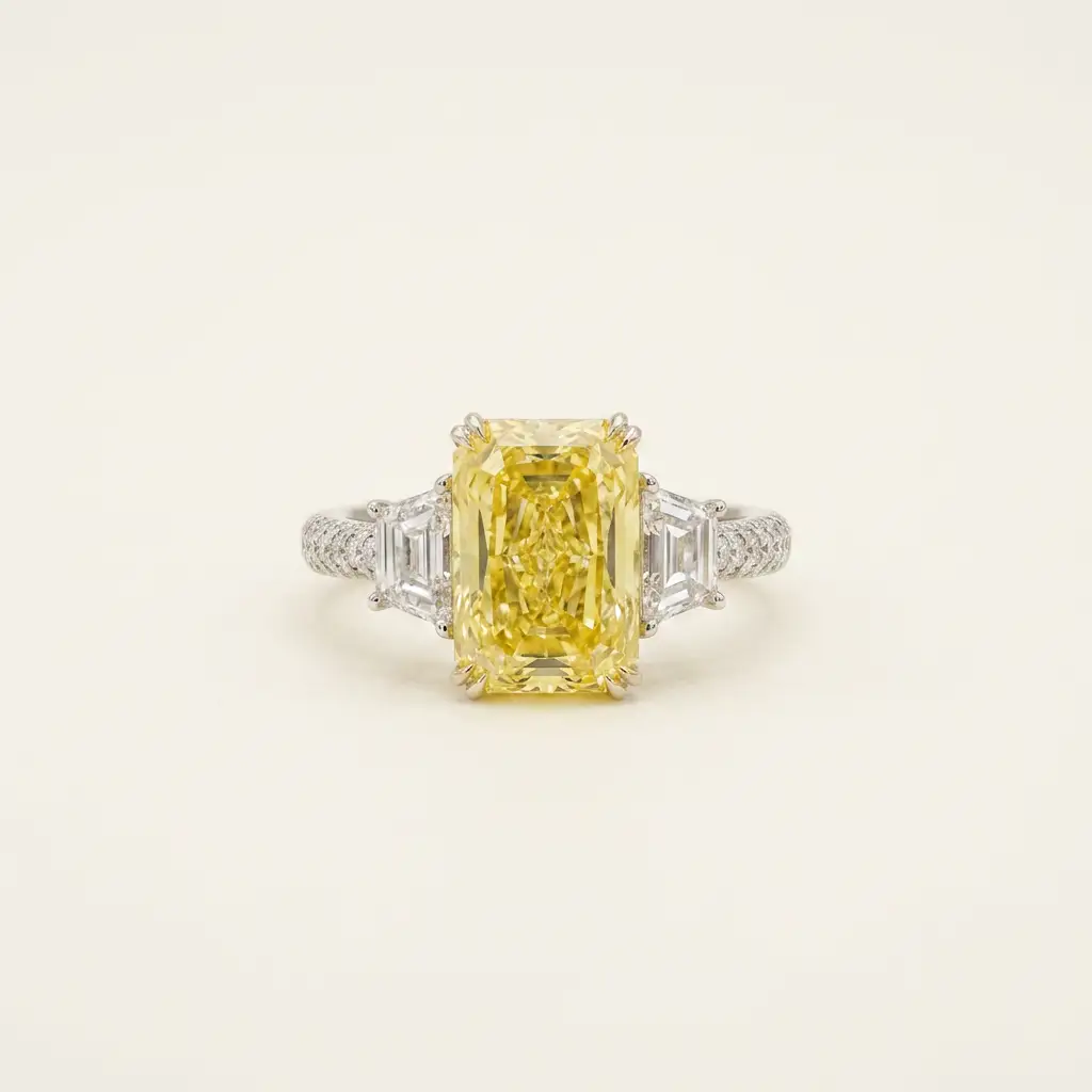 Platinum 5.04ct Elongated Cushion Cut Yellow Lab Diamond Trilogy Half Band Ring 1