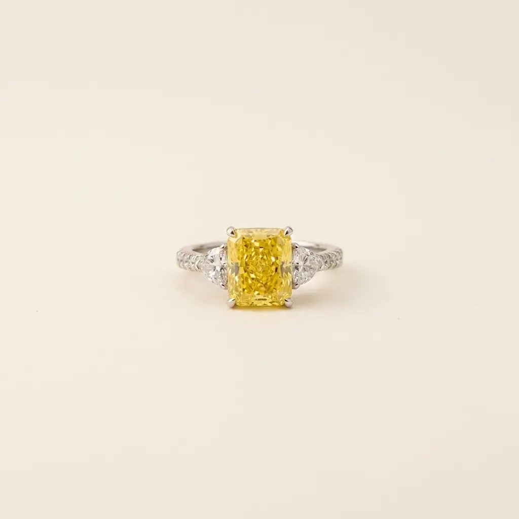 Platinum 3.69ct Radiant Cut Yellow Lab Diamond Trilogy Band Ring 1