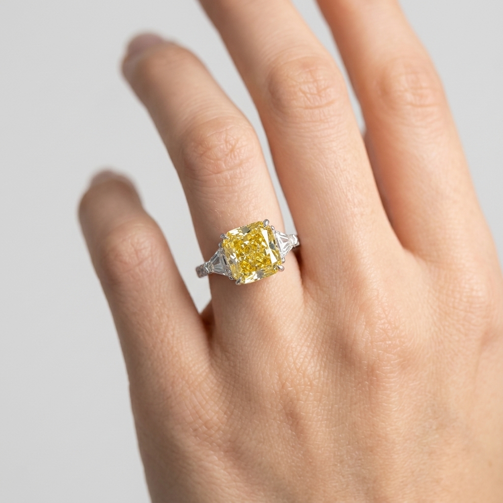 Platinum 10.01ct Cushion Cut Yellow Lab Diamond Trilogy Ring 4