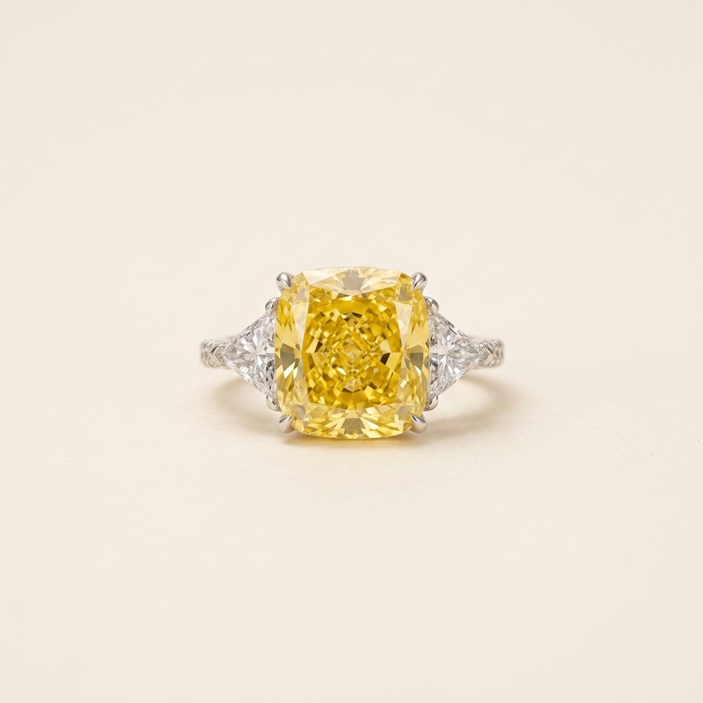 Platinum 10.01ct Cushion Cut Yellow Lab Diamond Trilogy Ring 1