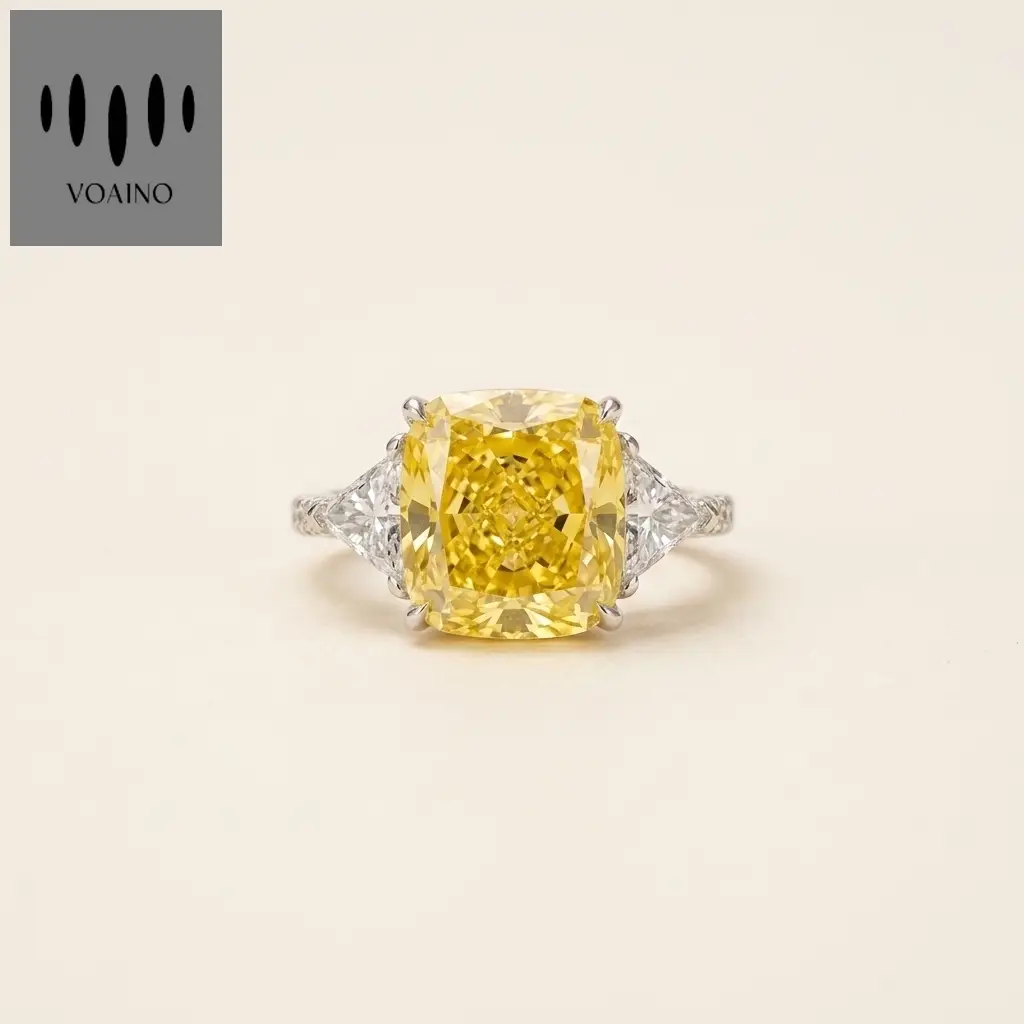 Platinum 10.01ct Cushion Cut Yellow Lab Diamond Trilogy Ring 1
