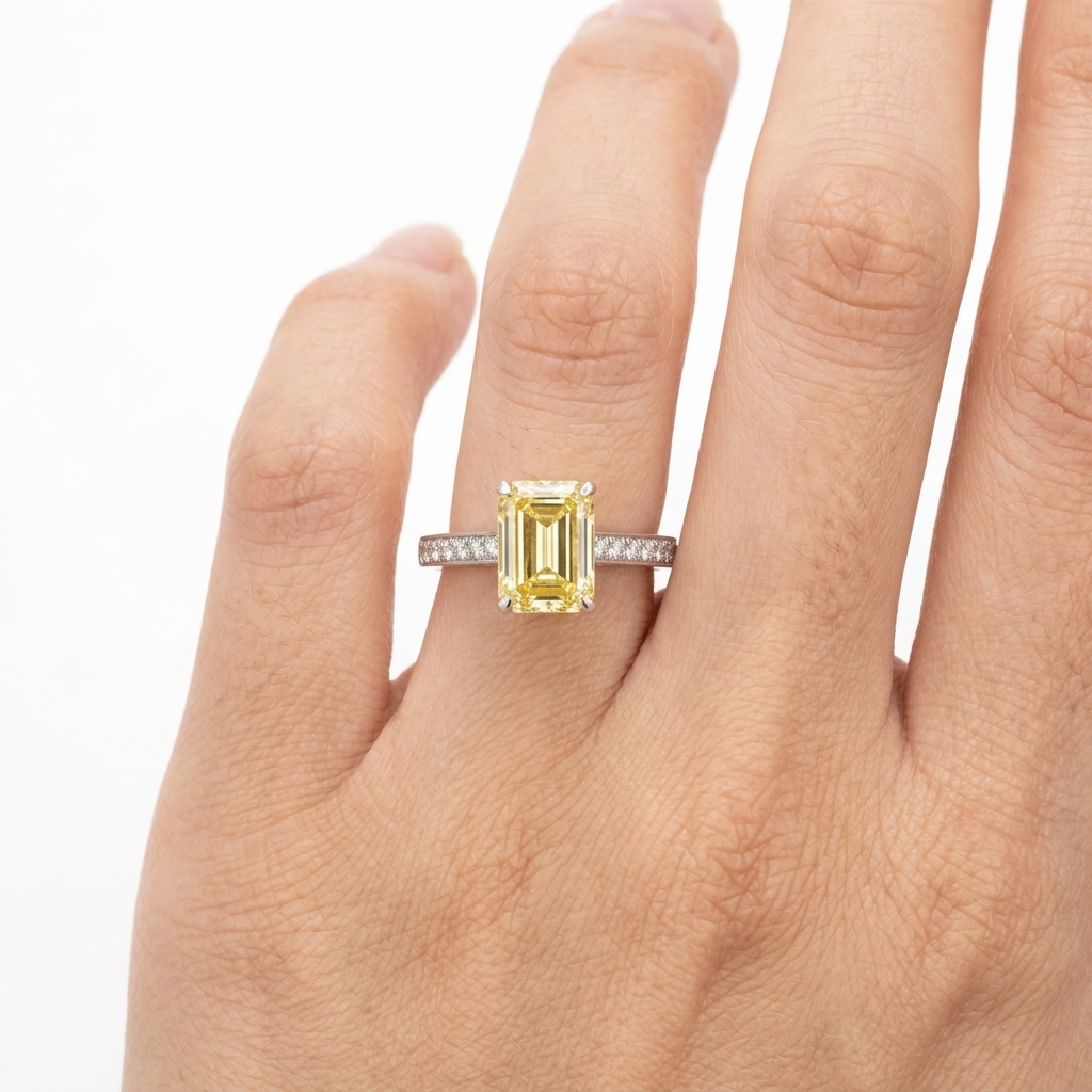 Platinum 3.08ct Emerald Cut Yellow Lab Diamond Half Band Ring 4