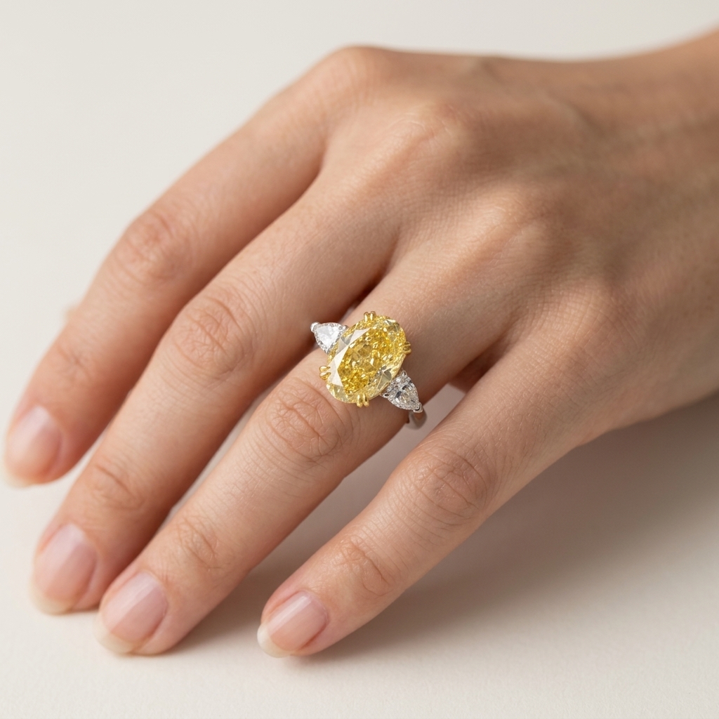 Platinum 5.07ct Oval Cut Yellow Lab Diamond Trilogy Ring 4