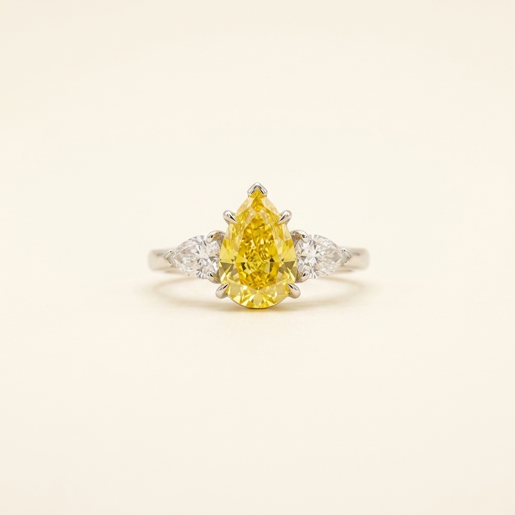 Platinum 1.14ct Pear Cut Yellow Lab Diamond Trilogy Ring 1
