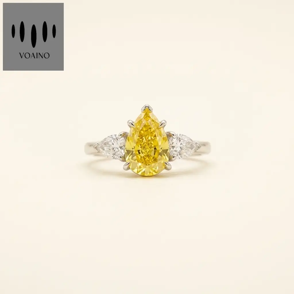 Platinum 1.14ct Pear Cut Yellow Lab Diamond Trilogy Ring 1