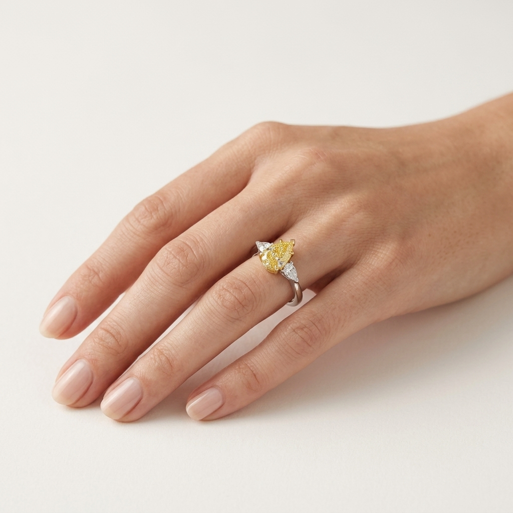 Platinum 1.14ct Pear Cut Yellow Lab Diamond Trilogy Ring 4