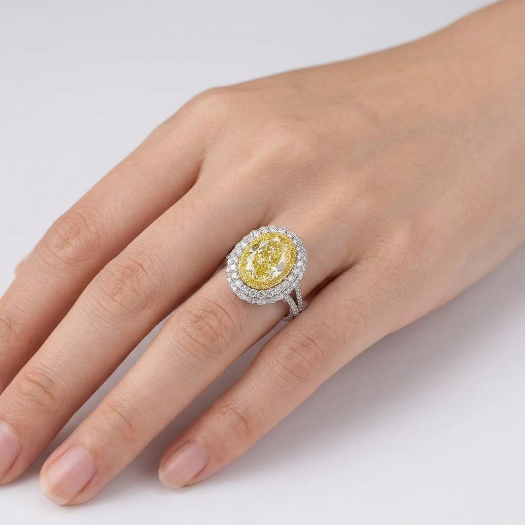 Platinum 5.03ct Oval Cut Yellow Lab Diamond Triple Halo Ring 4