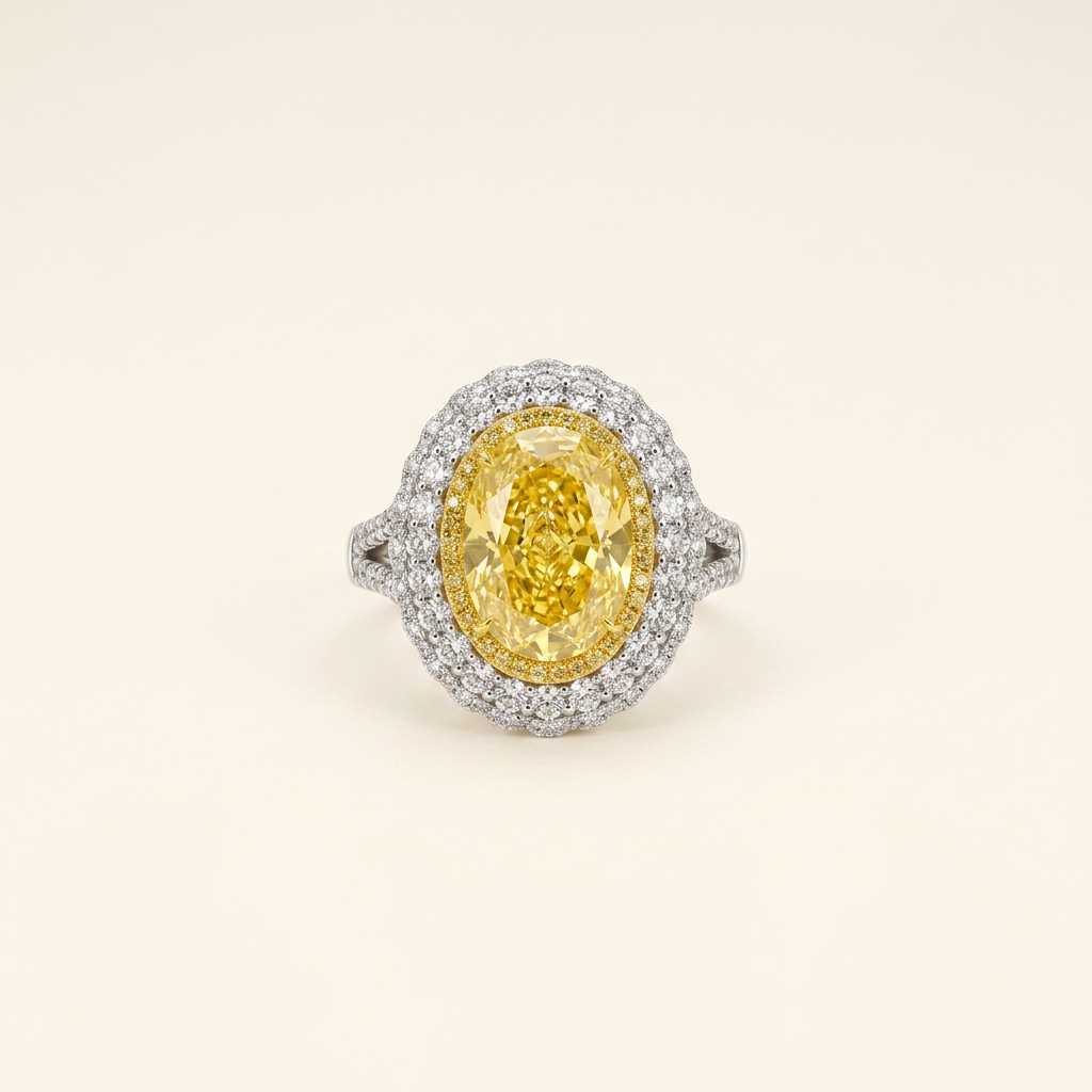 Platinum 5.03ct Oval Cut Yellow Lab Diamond Triple Halo Ring 1