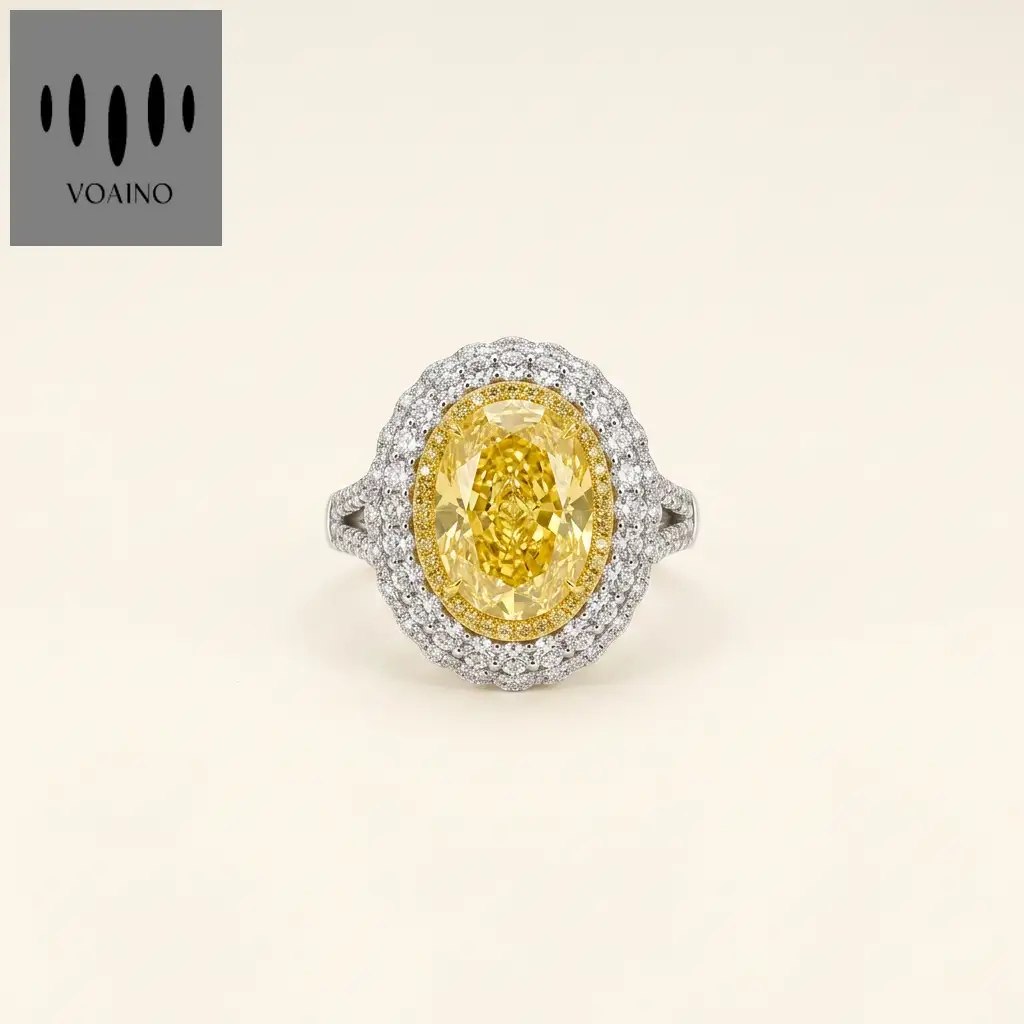 Platinum 5.03ct Oval Cut Yellow Lab Diamond Triple Halo Ring 1