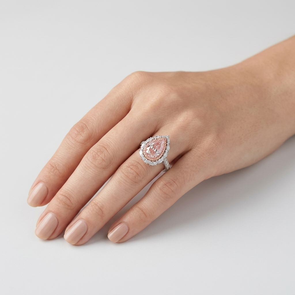 Platinum 5.08ct Pear Cut Pink Lab Diamond Halo Half Band Ring 4