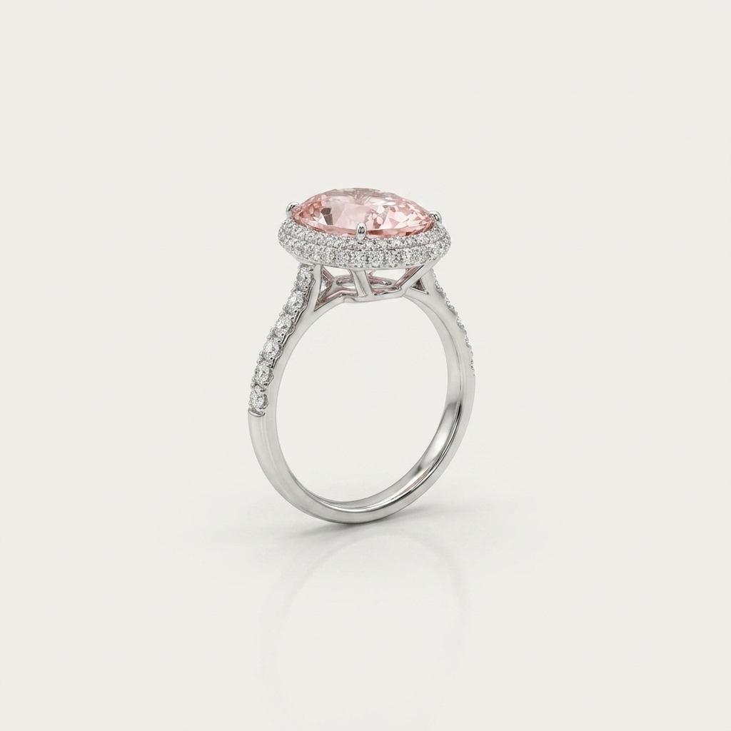Anillo de platino con media banda tipo halo de diamantes rosas de laboratorio de talla ovalada de 5,02 ct 2