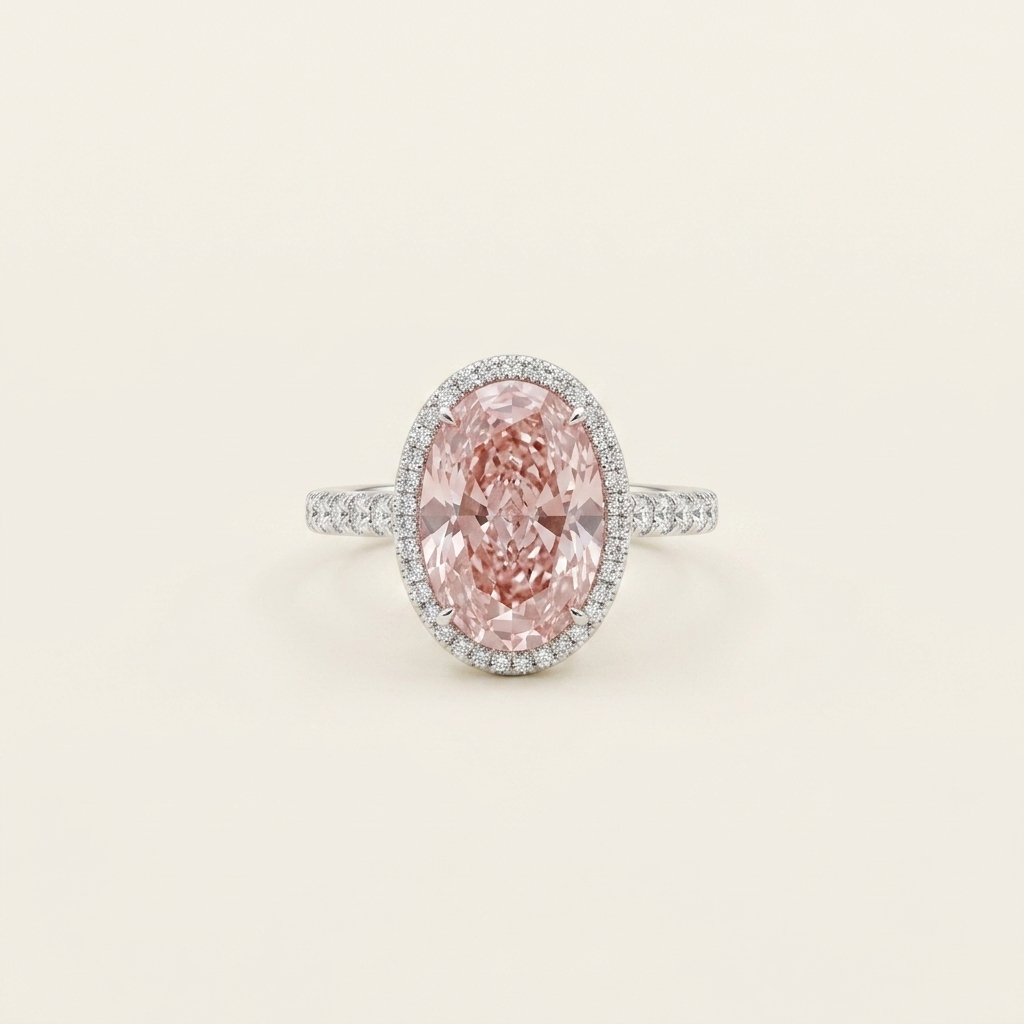 Anillo de platino con media banda tipo halo de diamantes rosas de laboratorio de talla ovalada de 5,02 ct 1