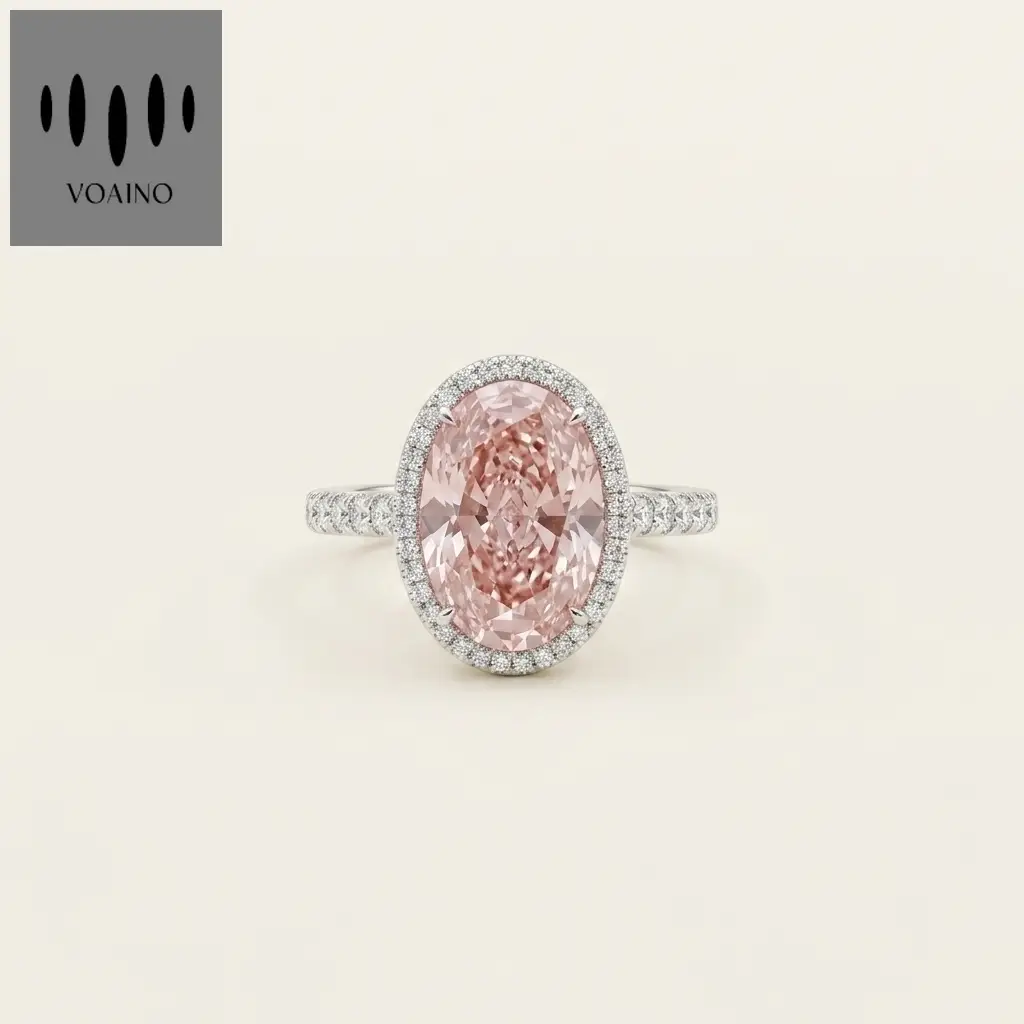 Platinum 5.02ct Oval Cut Pink Lab Diamond Halo Half Band Ring 1