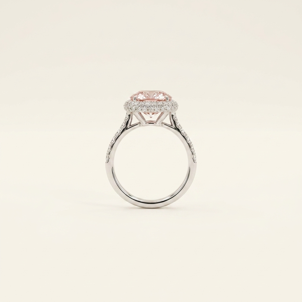 Anillo de platino con media banda tipo halo de diamantes rosas de laboratorio de talla ovalada de 5,02 ct 3
