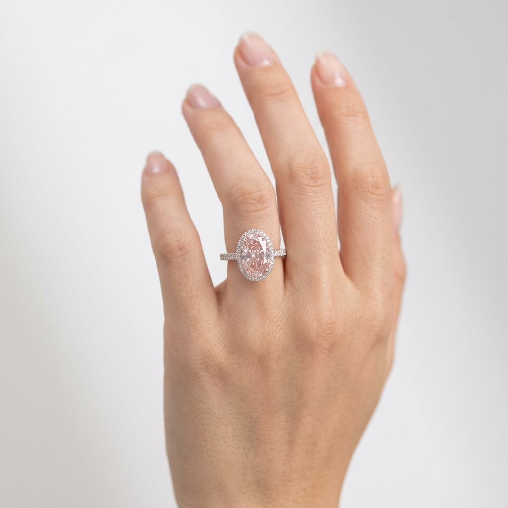 Anillo de platino con media banda tipo halo de diamantes rosas de laboratorio de talla ovalada de 5,02 ct 4