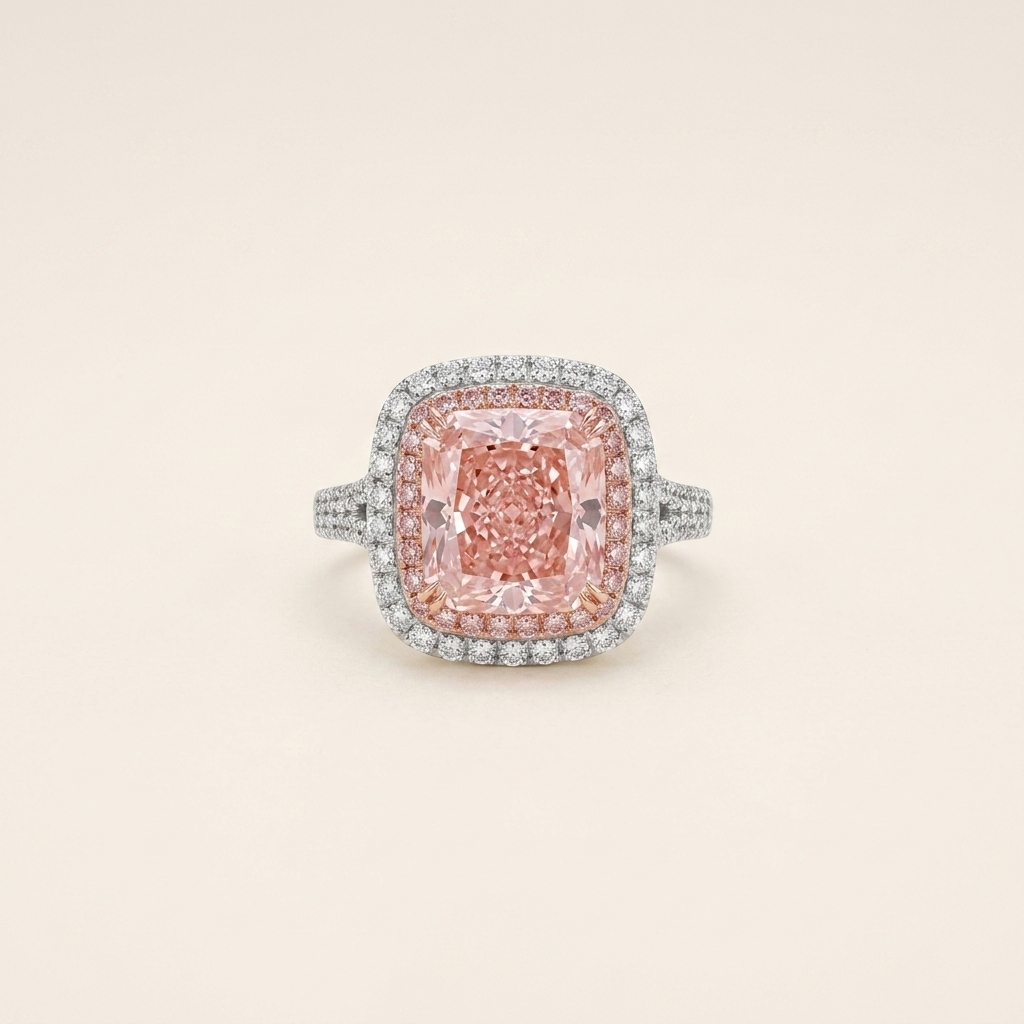 Platinum 5.07ct Cushion Cut Pink Lab Diamond Halo Ring 1