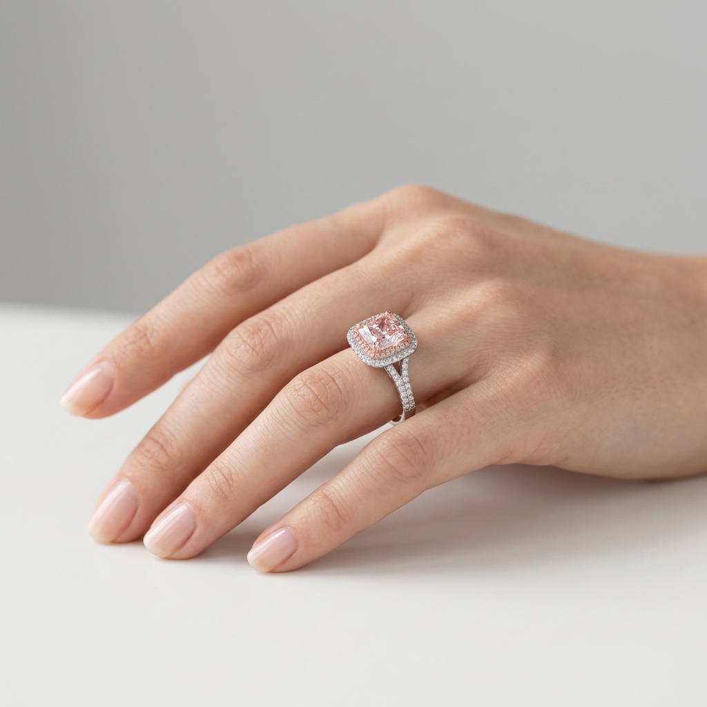 Platinum 5.07ct Cushion Cut Pink Lab Diamond Halo Ring 4