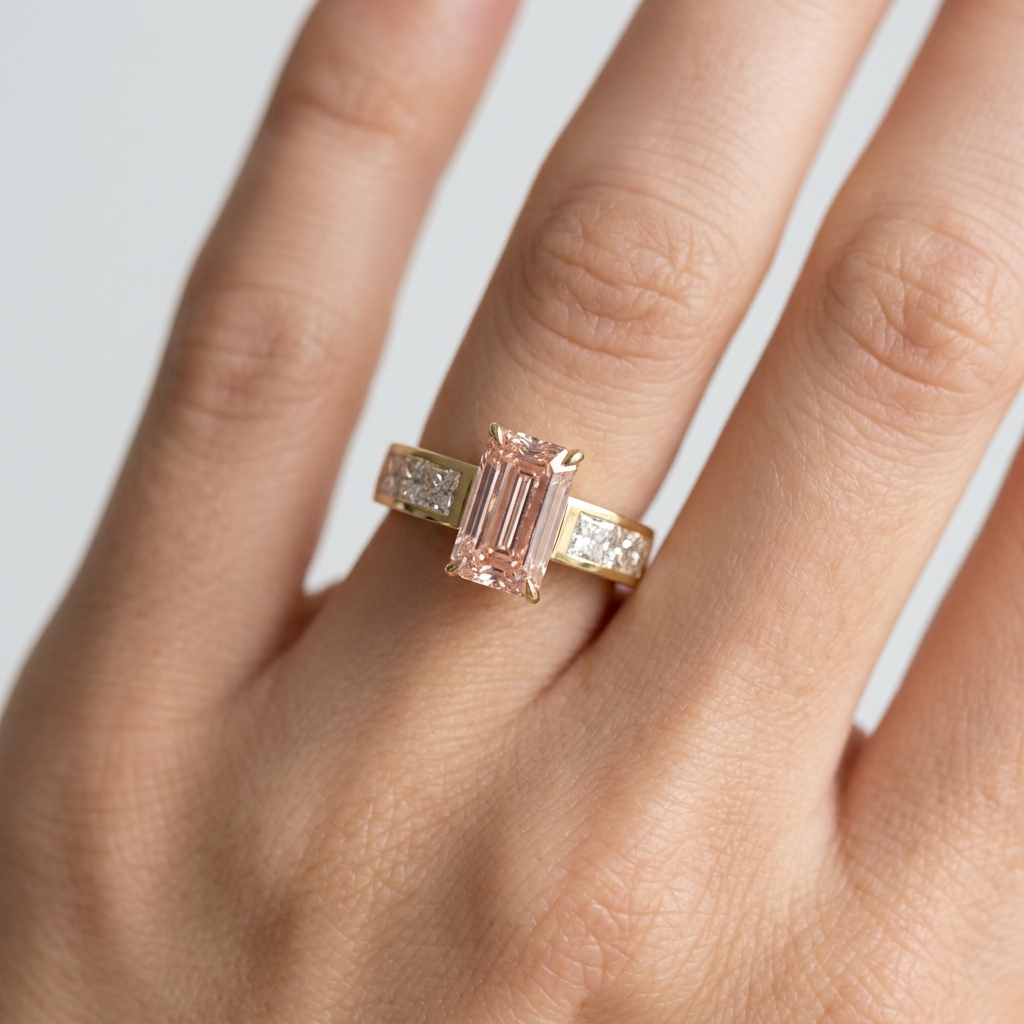 14K Gold 3.21ct Emerald Cut Pink Lab Diamond Ring 4