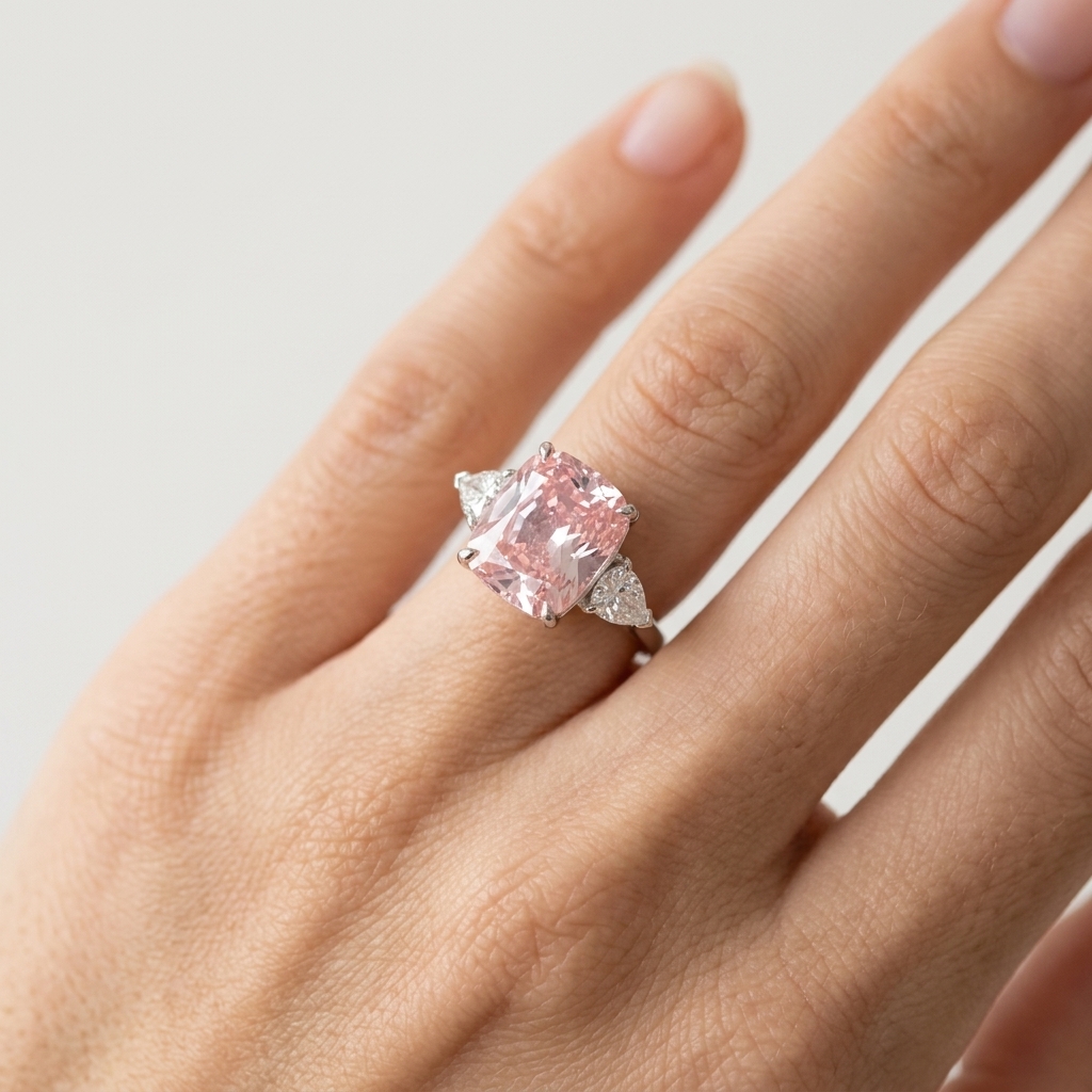 Platinum 16.02ct Cushion Cut Pink Lab Diamond Trilogy Ring 4