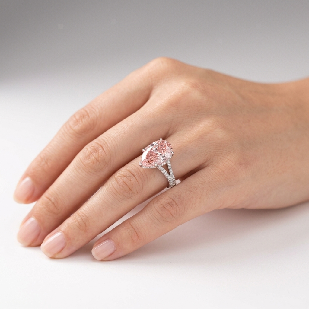 Platinum 10.24ct Pear Cut Pink Lab Diamond Ring 4
