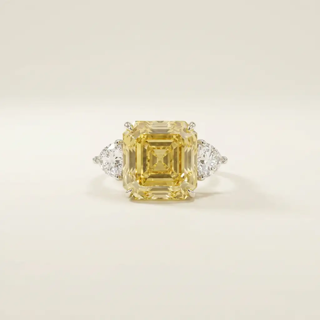 Platinum 10.05ct Asscher Cut Yellow Lab Diamond Trilogy Ring 1