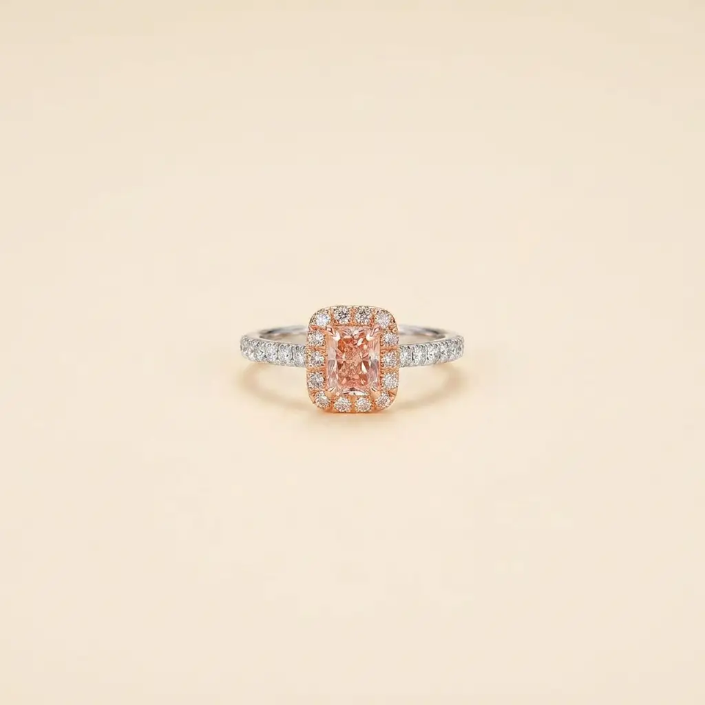 Platinum 0.73ct Cushion Cut Lab-Grown Orange Diamond Halo Half Pave Band Ring 1