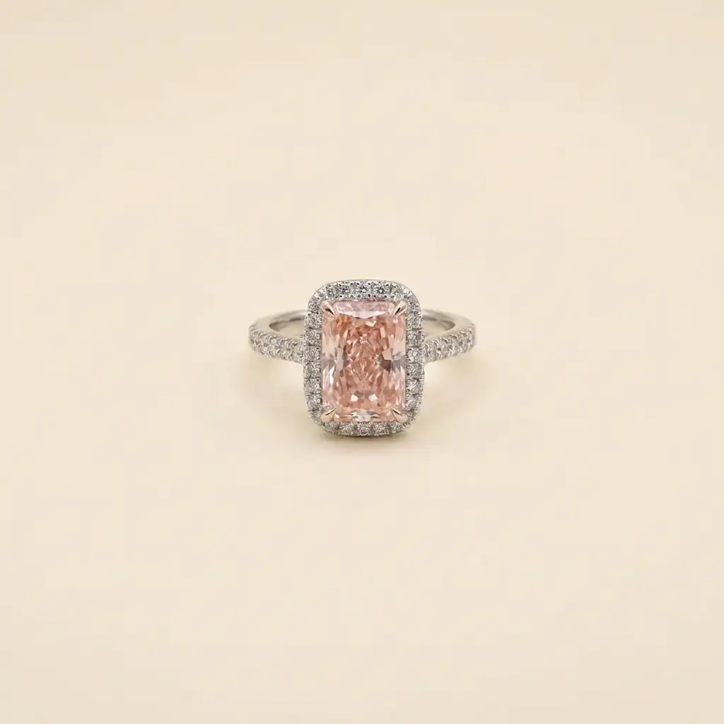 Platinum 3.02ct Radiant Cut Lab-Grown Pink Diamond Halo Half Pave Band Ring 1